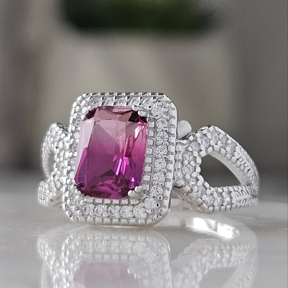 Pink Topaz Radiant Gemstone Ring, 925 Sterling Silver Charmed Aroma